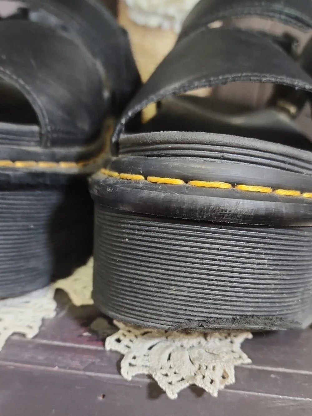 Dr. Martens Black Platform Sandals with Yellow Stitching
